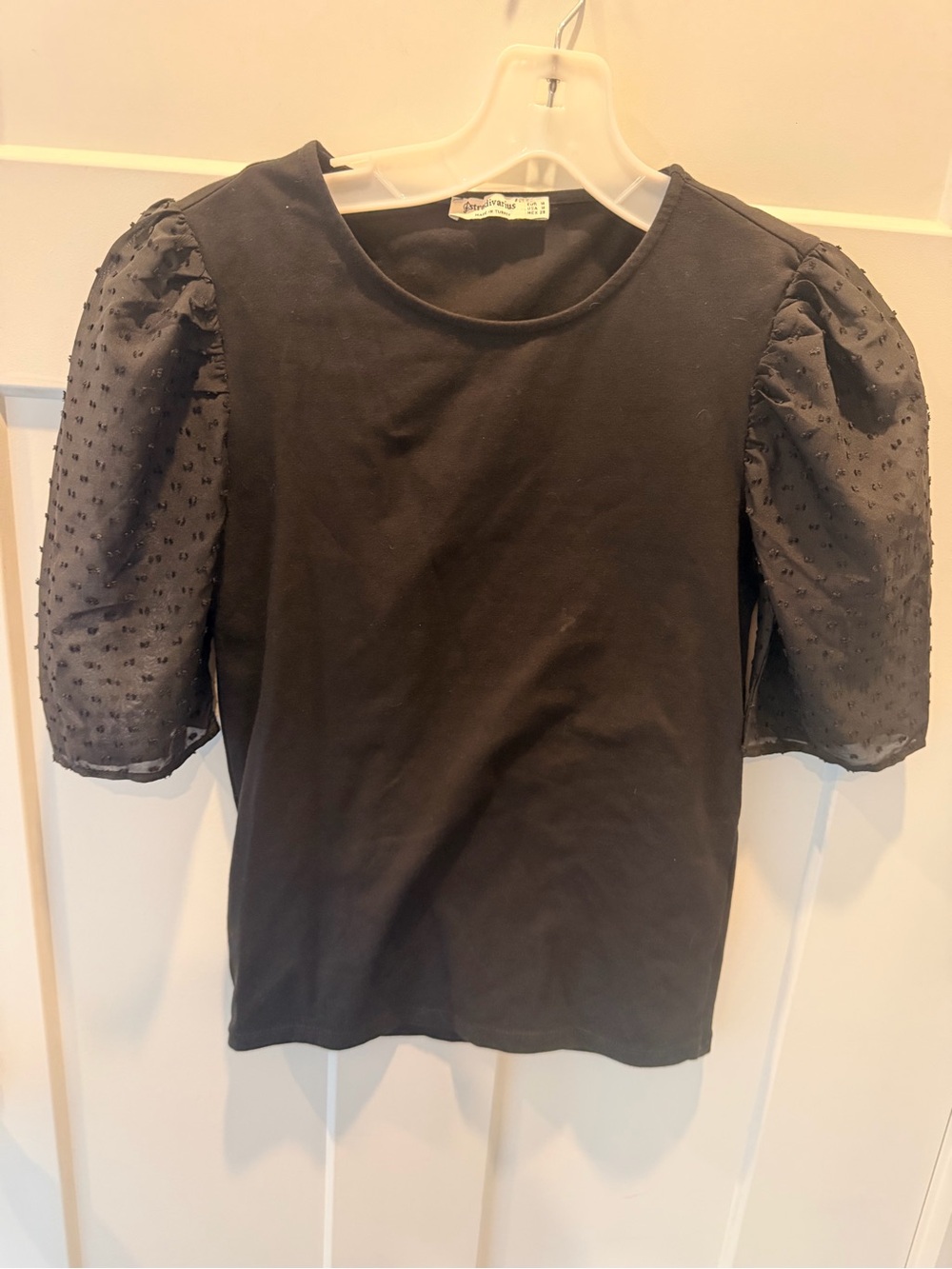 Stradivarius Black Swiss Dot Puff Sleeve Statement Top Medium